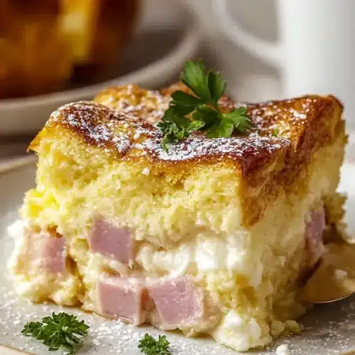 Monte Cristo breakfast casserole slice with ham, cheese, and powdered sugar on a white plate