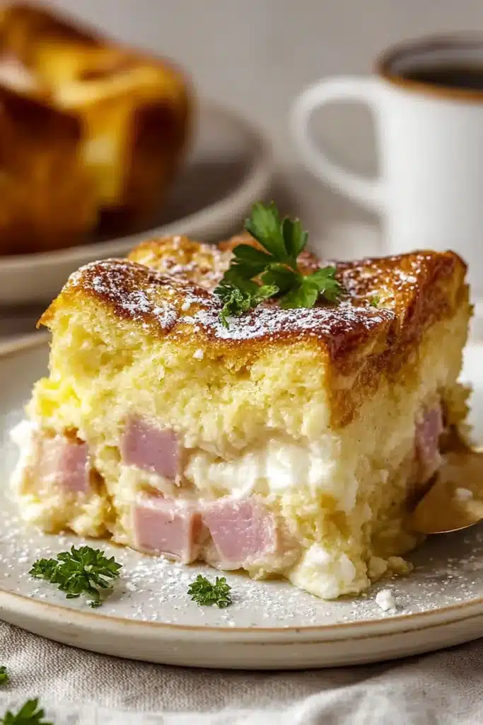 Monte Cristo breakfast casserole slice with ham, cheese, and powdered sugar on a white plate