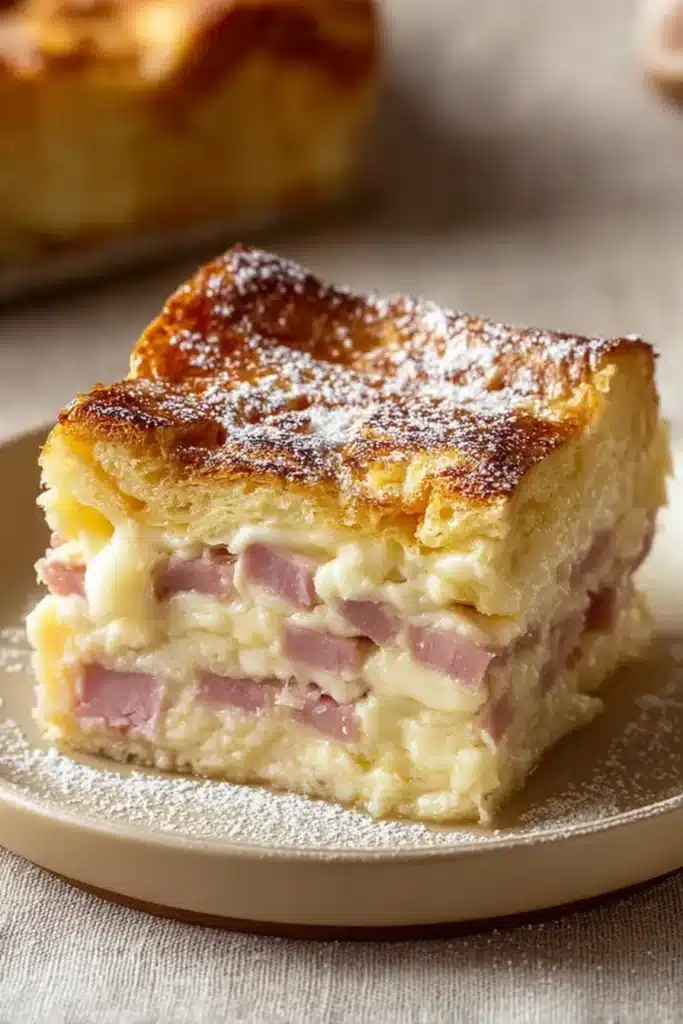 Monte Cristo breakfast casserole slice with ham, cheese, and golden brioche layers