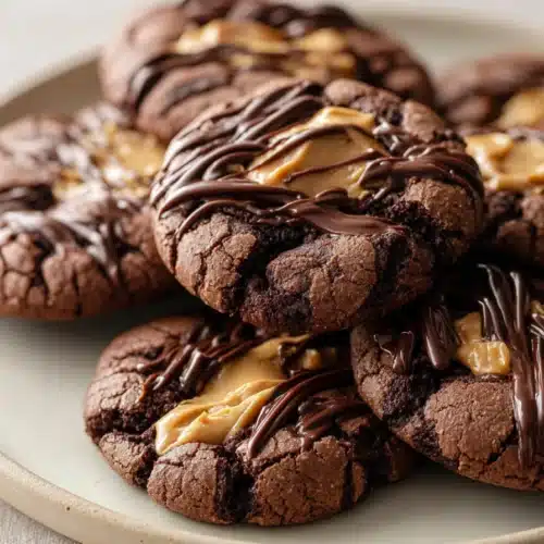 Peanut Butter Brownie Cookies 4 Stack of peanut butter brownie cookies with chocolate drizzle on a plate