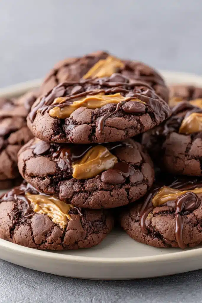 Peanut Butter Brownie Cookies 2 Stack of fudgy peanut butter brownie cookies with chocolate drizzle on a plate