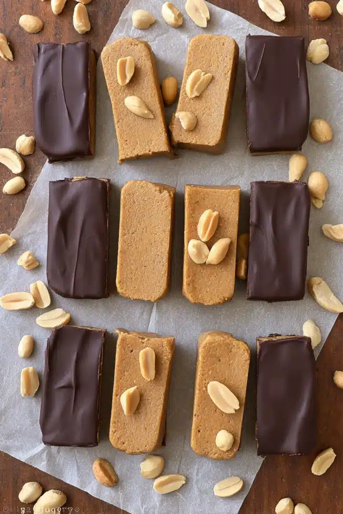 Plate of homemade no-bake peanut butter chocolate protein bars stacked and ready to serve.
