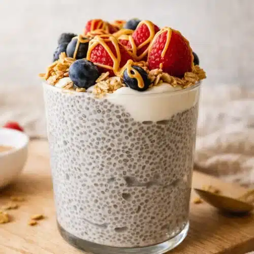 Protein chia pudding in a glass with yogurt, granola, berries, and nut butter drizzle