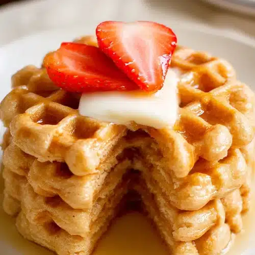 Stack of golden protein waffles with syrup and melted butter on a plate