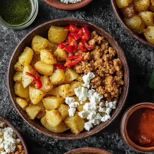 Breakfast bowl with roasted veggies, chicken, eggs, and cheese on rustic table