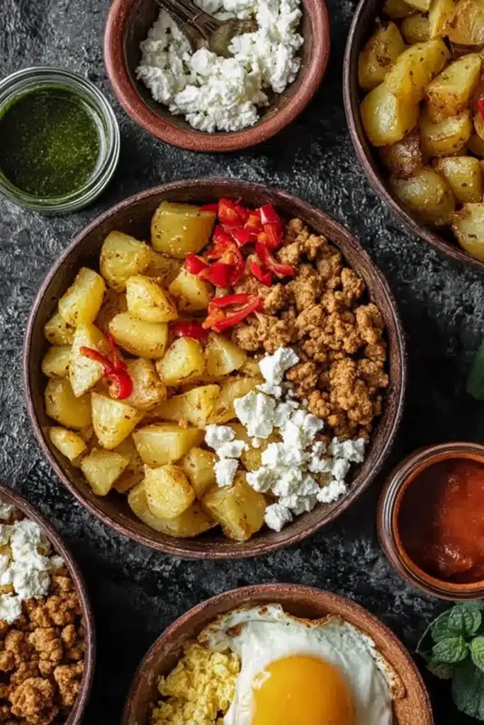 Breakfast bowl with roasted veggies, chicken, eggs, and cheese on rustic table