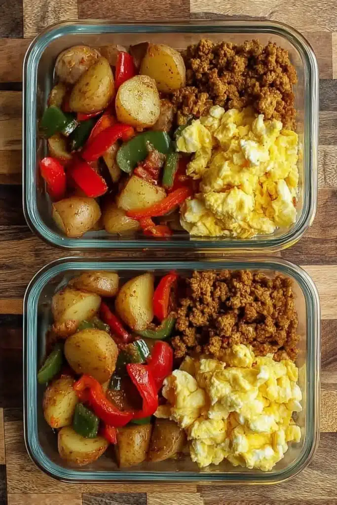 Meal prep bowls with roasted veggies, chicken, and fluffy eggs on a wooden board