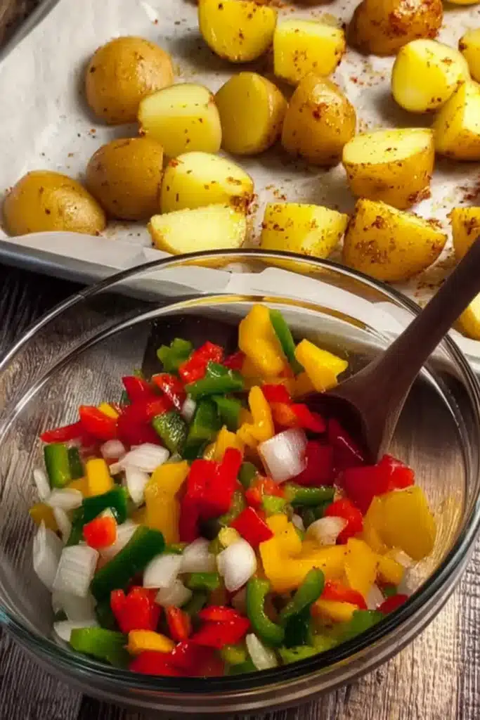 Colorful diced bell peppers and onions with potatoes ready for roasting