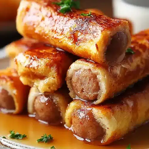 Golden Sausage French Toast Roll-Ups stacked on a plate with maple syrup drizzle