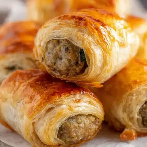 Golden flaky sausage rolls with puff pastry and savory filling on parchment paper