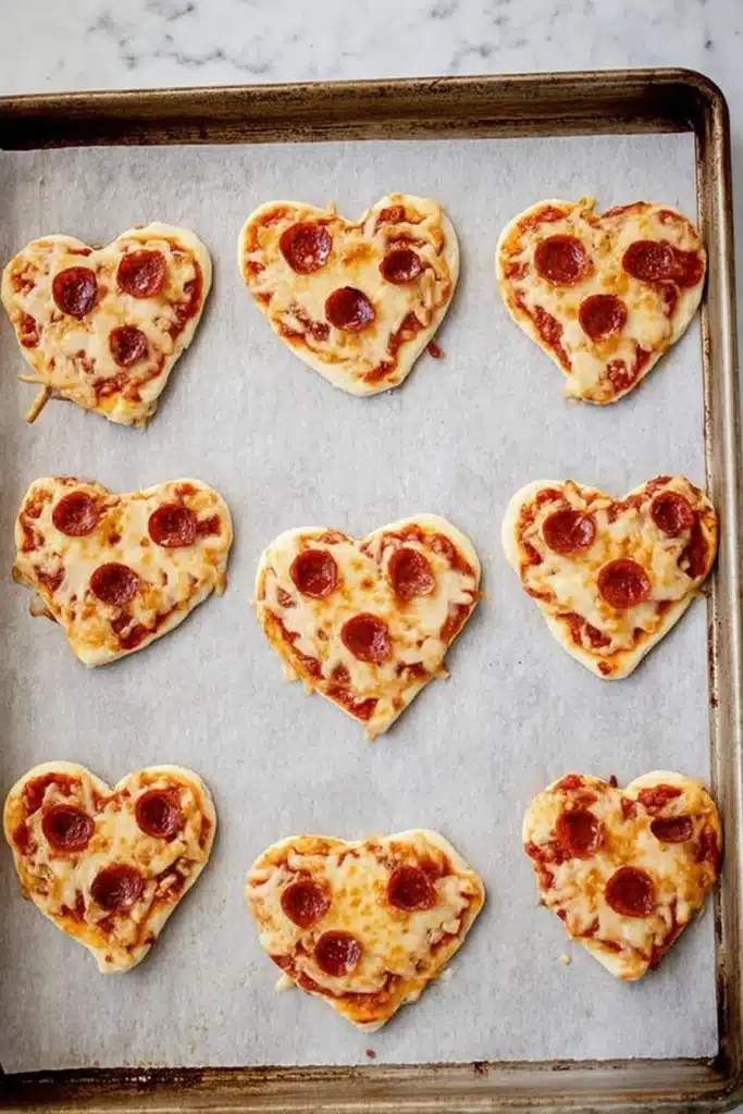Shaped pizza hearts baking on a parchment lined tray for Valentine’s Day