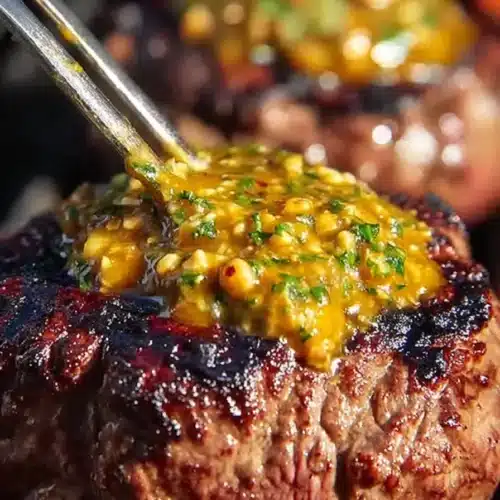 Grilled steak topped with melted cowboy butter sauce on warm rustic background