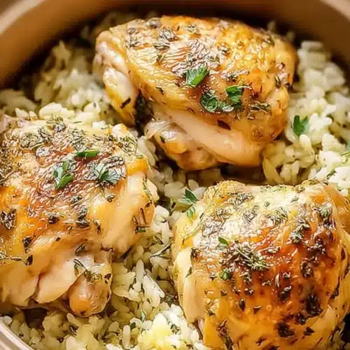 Slow cooker lemon herb chicken and rice with golden crispy chicken thighs