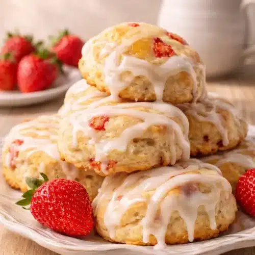 Flaky strawberry biscuits with vanilla glaze and fresh strawberries on a rustic table