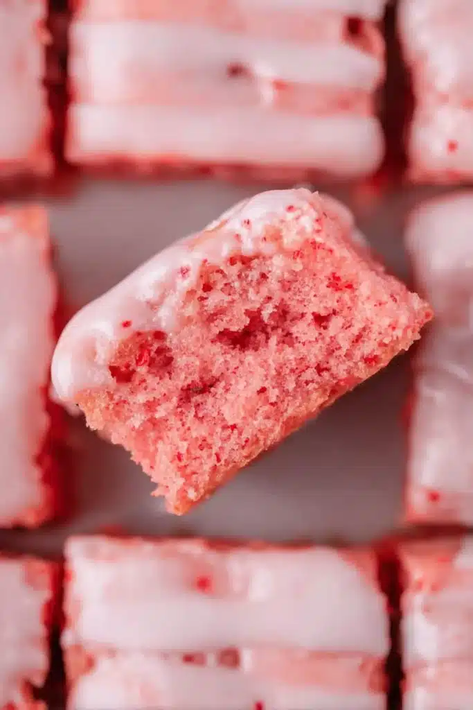 Close-up of chewy strawberry brownies with pink glaze and soft texture