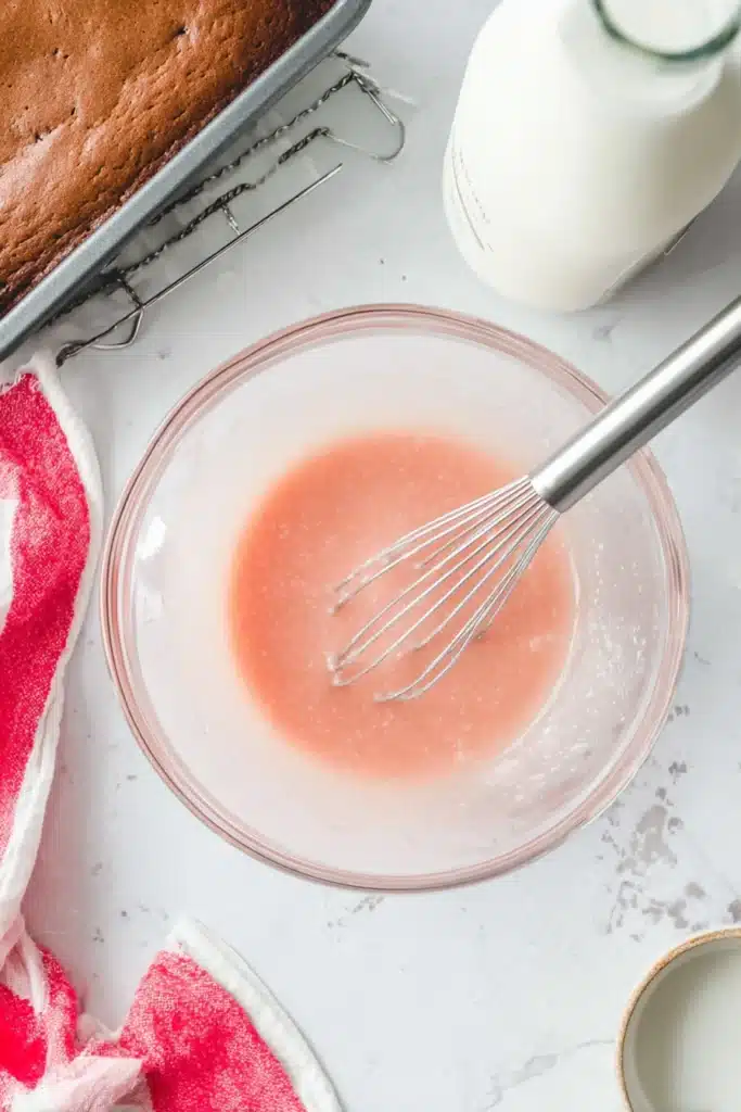 Strawberry glaze being whisked in a glass bowl for brownies