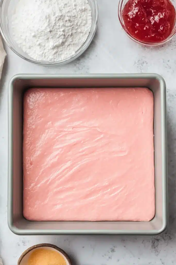 Strawberry brownie batter spread in a square baking pan before baking