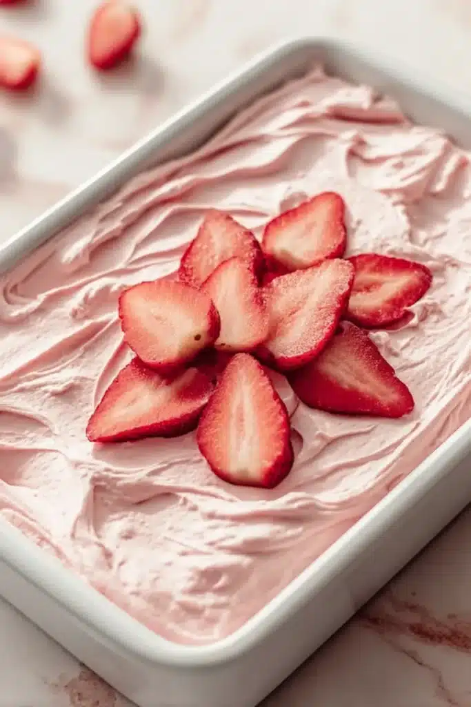Sheet pan strawberry cake topped with pink frosting and fresh strawberries