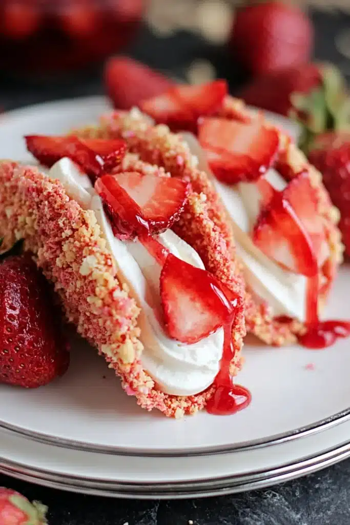 Strawberry crunch cheesecake tacos topped with cream and fresh strawberries