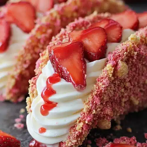 Strawberry crunch cheesecake tacos with cream filling and fresh strawberries