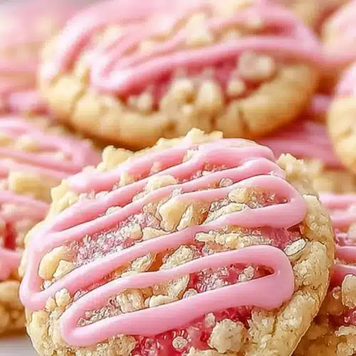 Soft strawberry crunch cookies with pink glaze and icing drizzle on a white plate