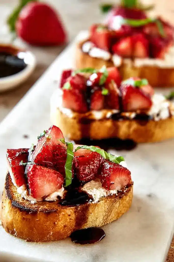 Strawberry goat cheese bruschetta topped with balsamic glaze and basil ribbons