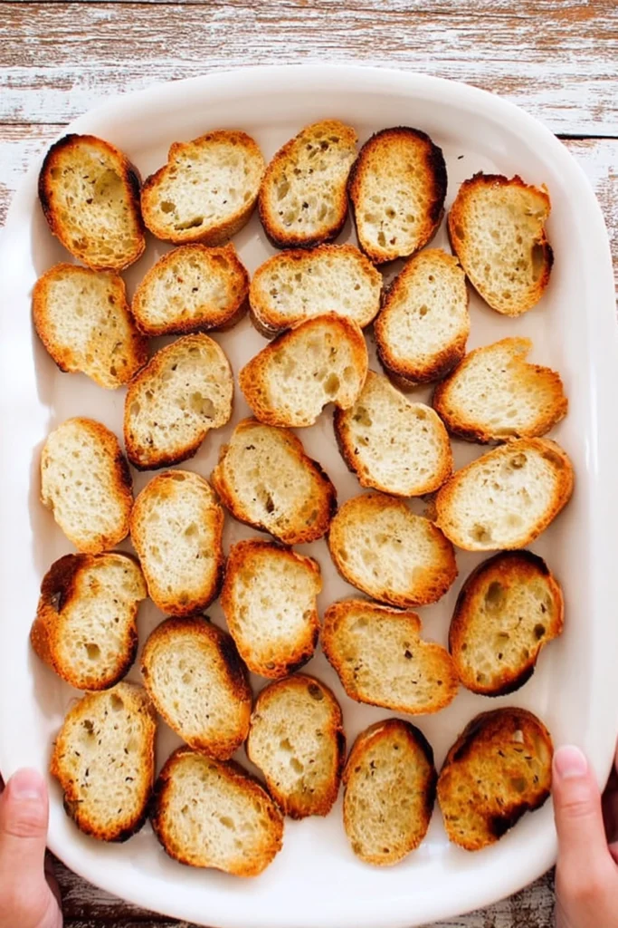 Golden toasted baguette slices on a white tray for strawberry goat cheese bruschetta