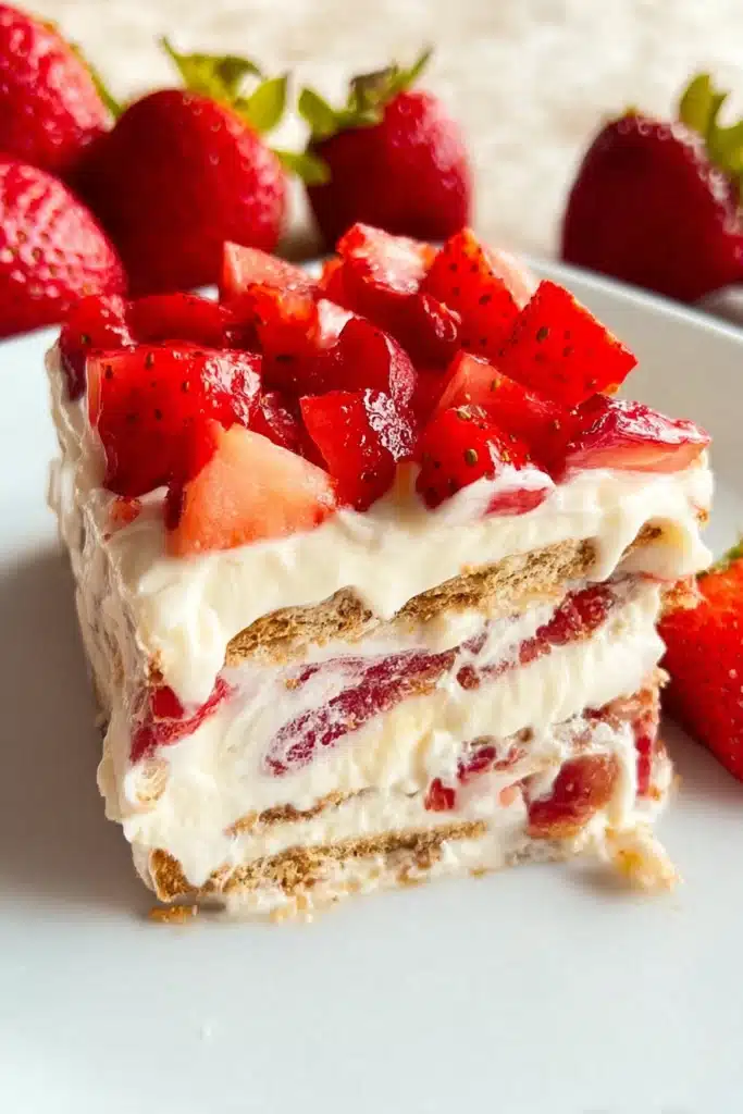 Slice of Strawberry Icebox Cake with creamy layers and fresh strawberries