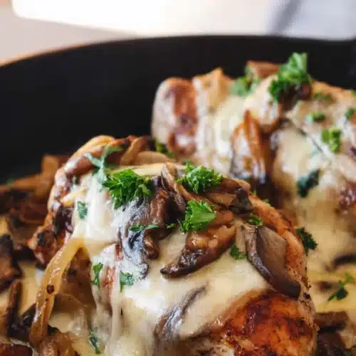 Texas Roadhouse Smothered Chicken 5 Texas Roadhouse smothered chicken with mushrooms, onions, and melted cheese in a skillet