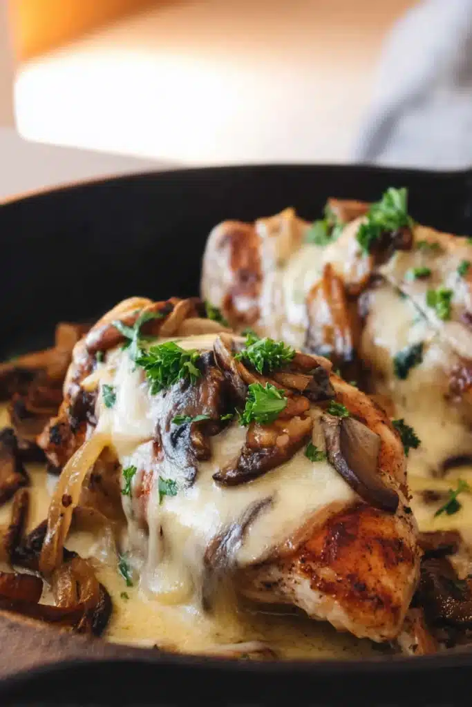 Texas Roadhouse Smothered Chicken 1 Texas Roadhouse smothered chicken with mushrooms, onions, and melted cheese in a skillet