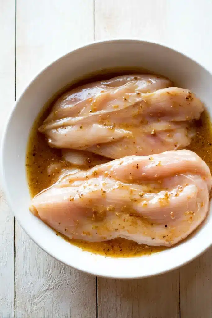Texas Roadhouse Smothered Chicken 2 Raw chicken breasts marinating in a bowl for Texas Roadhouse Smothered Chicken
