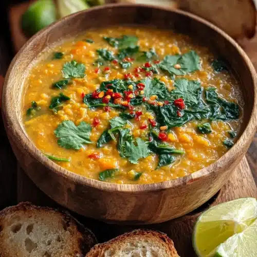 Creamy Thai Coconut Red Lentil Soup with cilantro, lime, and toasted bread