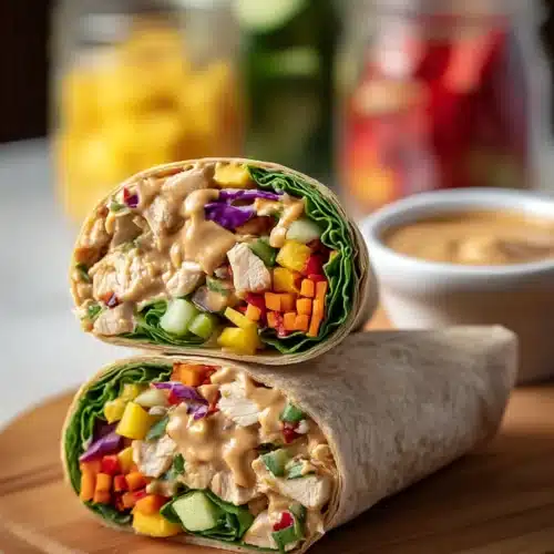 Thai peanut chicken wraps with creamy peanut sauce and colorful veggies on marble surface