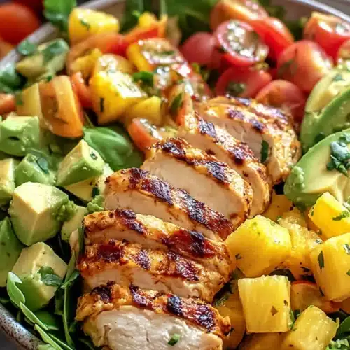 Tropical Hawaiian chicken salad with grilled chicken, pineapple, cucumber, and fresh greens in a bowl
