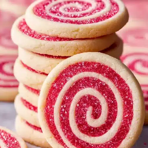 Valentine’s Day swirl cookies with red and white pinwheel design cooling on a rack