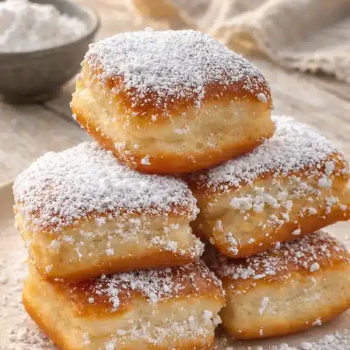 Fluffy vanilla French beignets dusted with powdered sugar on a plate