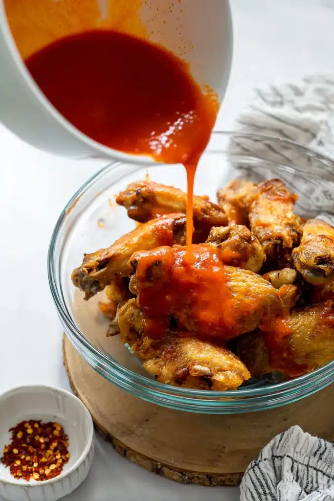 Pouring buffalo sauce over crispy air fryer chicken wings in a glass bowl