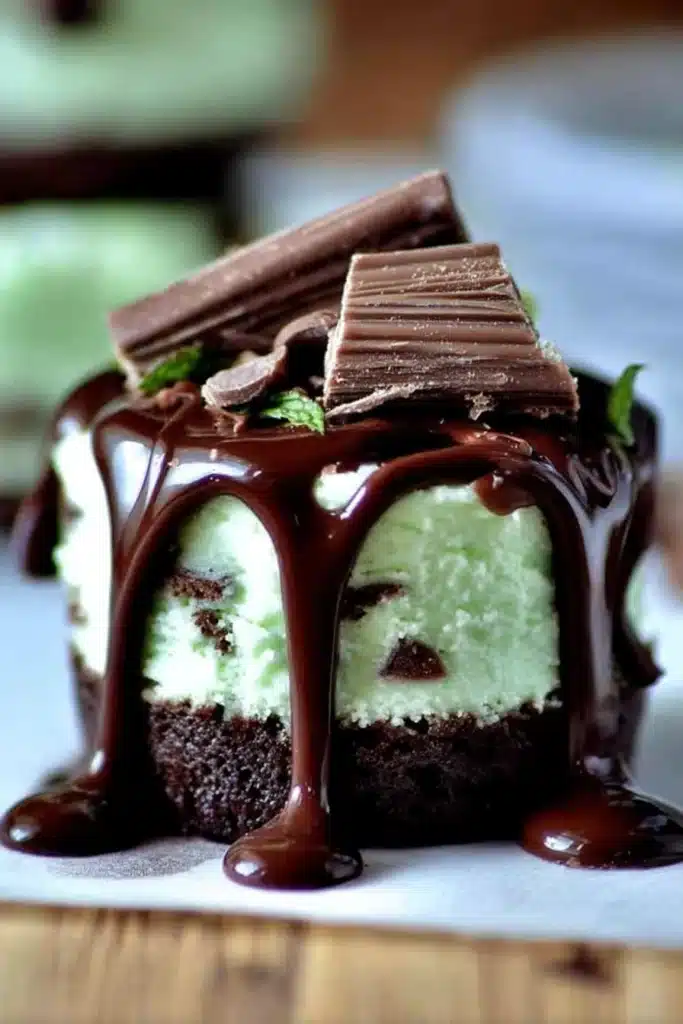 Andes Mint Mini Cheesecakes 1 Mini mint chocolate cheesecake with chocolate crust and glossy chocolate drizzle