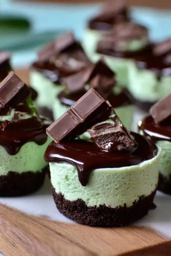 Andes Mint Mini Cheesecakes 2 Andes Mint Mini Cheesecakes with chocolate drizzle and mint candy topping