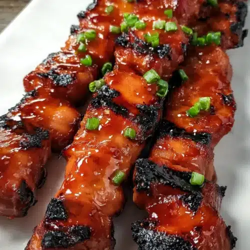 Sticky glazed BBQ pork skewers with caramelized char and green onions