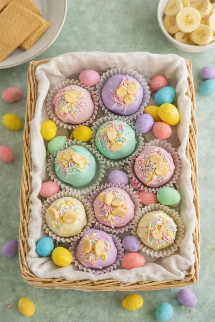 Banana Pudding Easter Truffles 1 Pastel banana pudding Easter truffles with sprinkles and candy eggs in basket