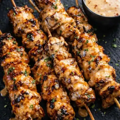 Bang Bang Chicken Skewers 4 Bang Bang chicken skewers with creamy chili sauce and grill marks on slate board