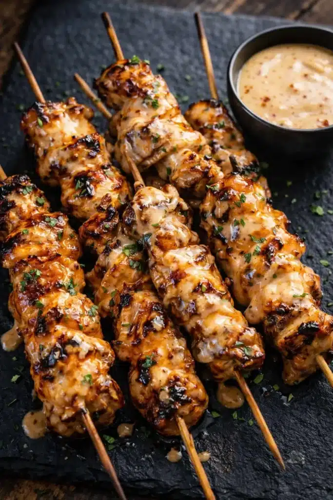 Bang Bang Chicken Skewers 1 Bang Bang chicken skewers with creamy chili sauce and grill marks on slate board