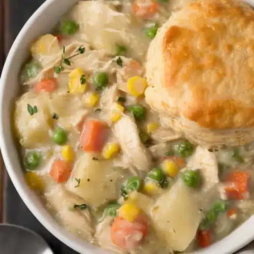Best Chicken Pot Pie Crock Pot with vegetables and biscuit on top