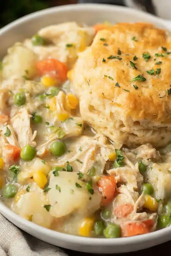 Creamy chicken pot pie crock pot with vegetables and biscuit topping
