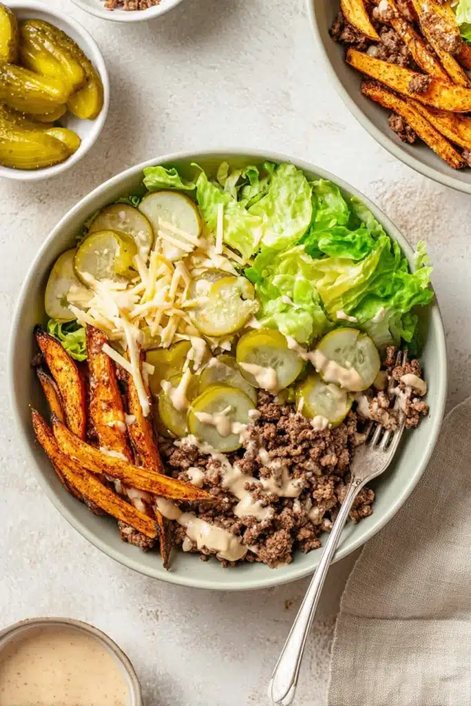 Burger Bowls with crispy potatoes, beef, lettuce and creamy sauce