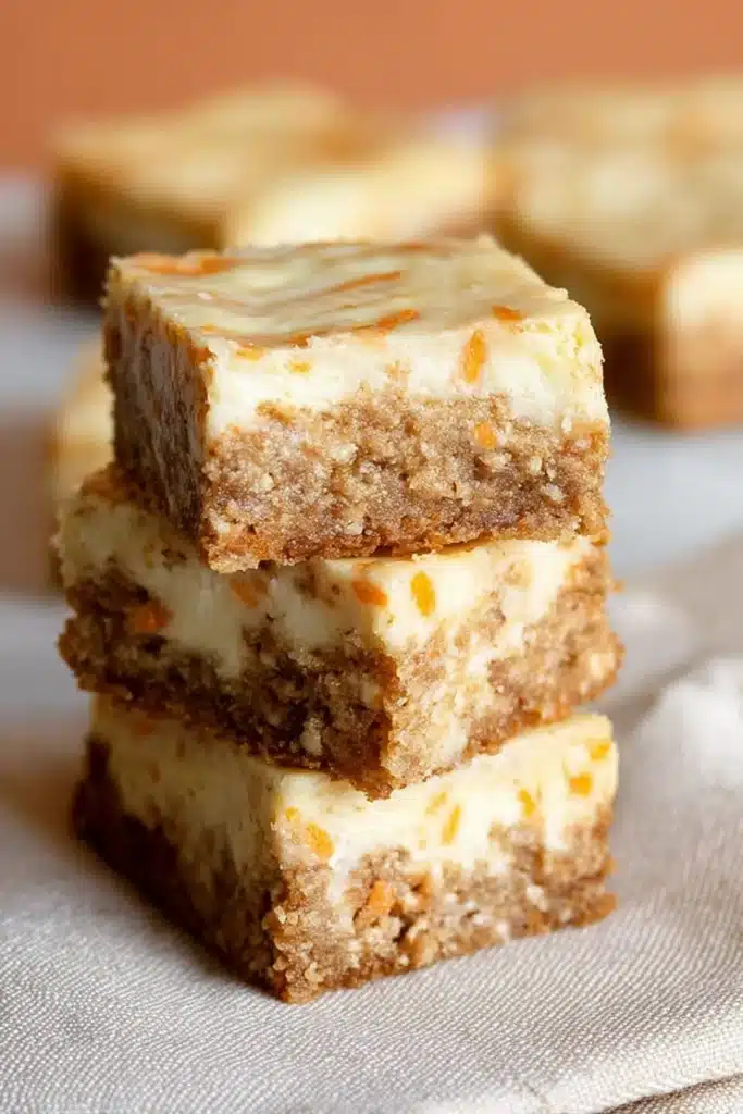 Carrot Cake Bars 4 Stacked Carrot Cake Bars with creamy cheesecake swirl