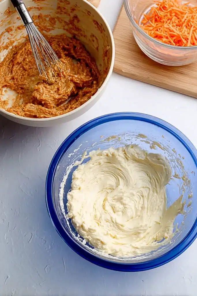 Carrot Cake Bars 2 Carrot Cake Bars batter and cream cheese swirl mixture in bowls
