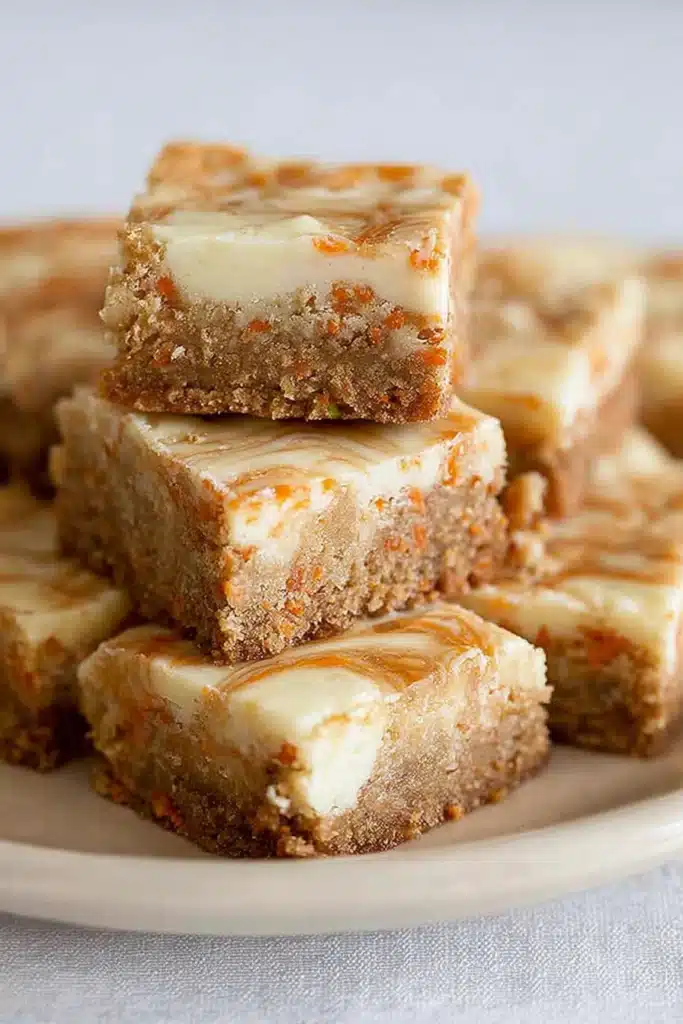 Carrot Cake Bars 1 Stacked carrot cake bars with cheesecake swirl on beige plate