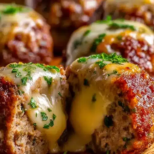 Cheesy stuffed meatloaf bites with melted cheese and parsley on a wooden board